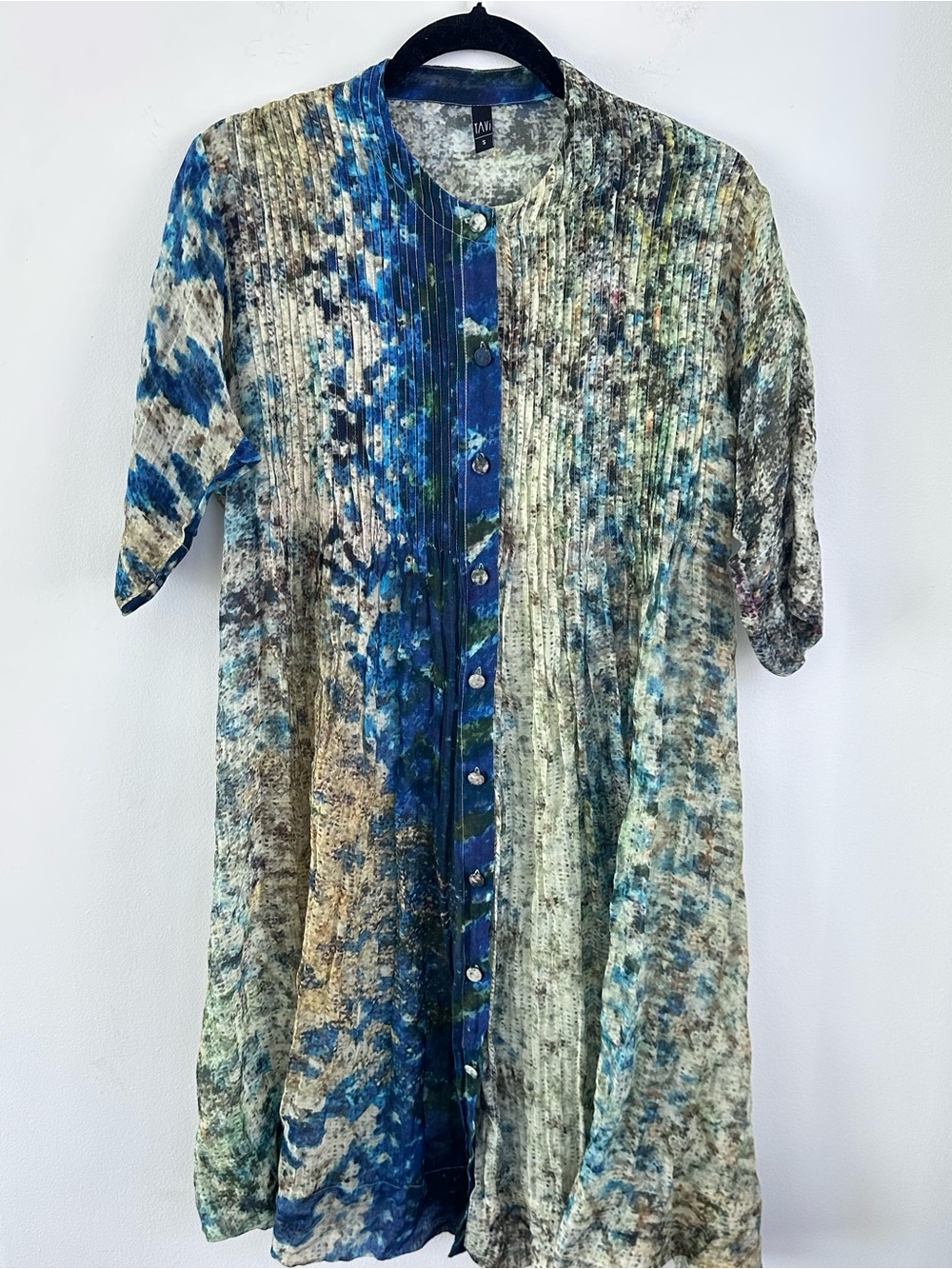 Yavi Blue Multi-Pattern Women’s Cotton & Silk Button-Up Dress